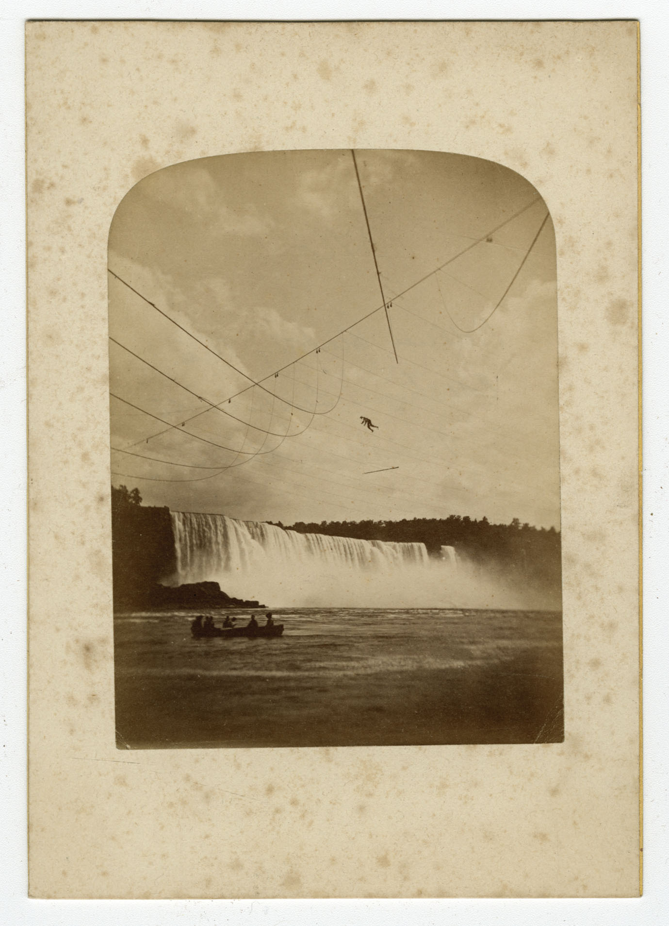 Henry Bellini, tightrope walker, prepares to fall into the waters below the Falls